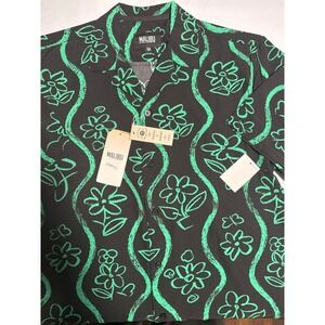 MALIBU Black Green Floral Print Stretch Comfort Short Sleeve Button Down Shirt